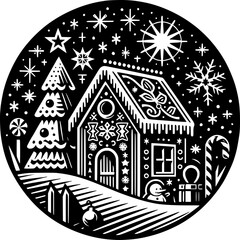 Fototapeta premium Holiday Gingerbread Delight: A whimsical holiday scene featuring a charming gingerbread house, surrounded by festive decorations like a Christmas tree, candy cane, and sparkling snowflakes.