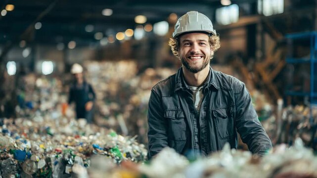 Happy Male Worker in Hard Hat Smiling at Camera in Plastic Recycling Plant