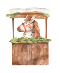 Cartoon horse at Christmas festival wooden counter decorated with flags and fir tree branches. Cute horse. Symbol of New 2026 Year. Hand-drawn watercolor illustration. Template for greeting card