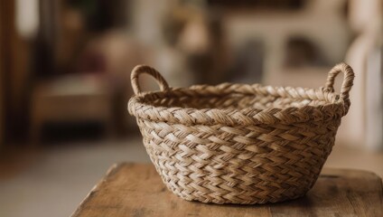 Fototapeta premium Woven Basket on Wooden Table - Rustic Home Decor Still Life.