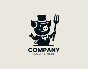 Humorous cartoon pig mascot vector logo illustration wearing top hat, tuxedo, and holding large dinner fork. Food concept