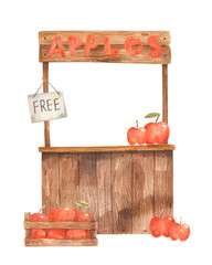 Cartoon autumn harvest festival wooden counter with apples. Symbol of New 2026 Year. Cozy hand-drawn watercolor illustration. Template for greeting card