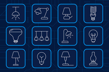 Lighting set icon. Lamp, bulb, chandelier, desk light, ceiling, nightstand, oil lamp, energy, illumination, decor, electric brightness source.
