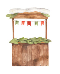 Christmas festival wooden counter decorated with flags and fir tree branches. Hand-drawn watercolor illustration. Template for New Year greeting card