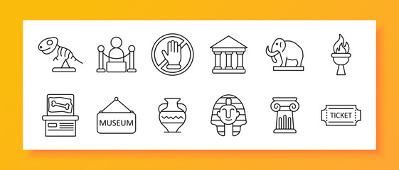 Museum set icon. Statue, column, vase, mummy, fossil, torch, ticket, building, exhibit, dinosaur, artifact, culture, history, education, ancient, art, monument, visitor, gallery, archaeology