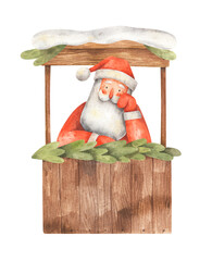 Santa Claus at the Christmas festival wooden counter decorated with fir tree branches. Hand-drawn watercolor illustration. Template for New Year greeting card