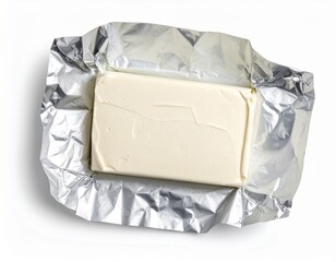 Cream Cheese Block Partially Unwrapped in Foil Packaging Ready for Culinary Use High Quality Stock Photo