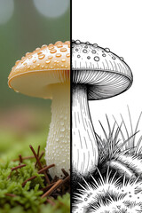 A detailed digital illustration of a single lone mushroom in close-up portrait view, split vertically into two equal halves with a thin black line divider, white background. Left half: hyperrealistic 
