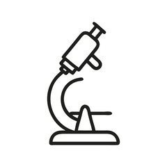 A stark black outline of a microscope against a white backdrop. Icon line style editable stroke