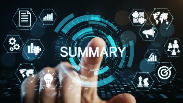 Finger Touching Virtual Screen with Summary Text and Business Icons, Digital Data Analysis and Strategic Planning Concept