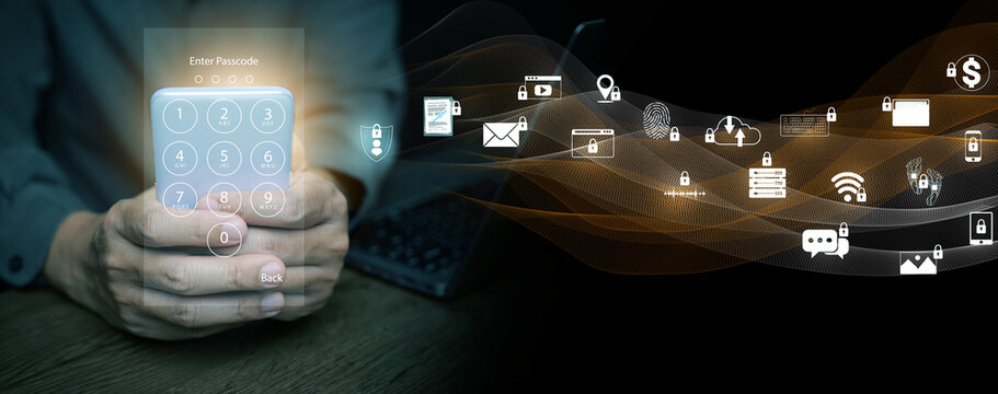 Person entering passcode on smartphone with floating digital security icons. Mobile data protection, cybersecurity, and safe access to online communication and financial networks.