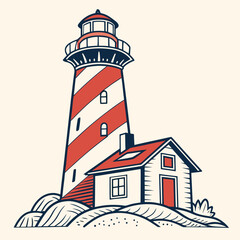 A vintage-style illustration of a red and white striped lighthouse with an attached keeper's house on a rocky shore.