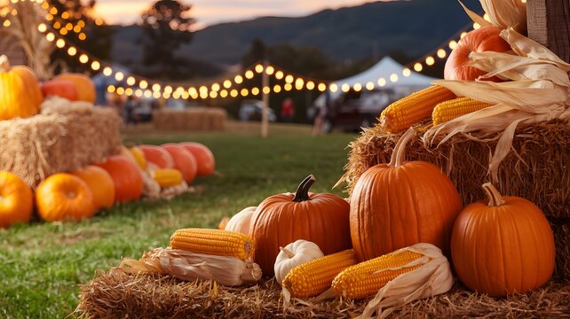 Vibrant autumn harvest display featuring pumpkins and corn arranged on hay bales under festive string lights at dusk - Powered by Adobe