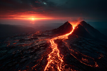 Fototapeta premium Lavafluss von Vulkan bei Sonnenuntergang über felsigem Terrain 
