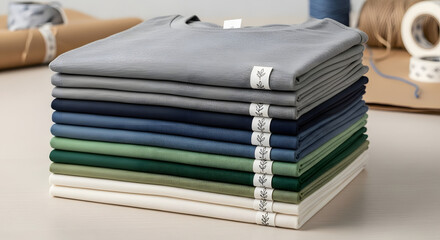 A neat stack of folded cotton t-shirts in neutral earth tones ready for packaging in a small business