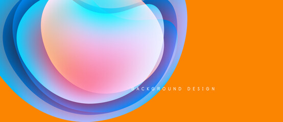 Abstract design features layered shapes, vibrant colors. Orange background complements blue, pink gradients. Modern, dynamic composition.