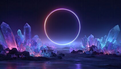 Vibrant neon ring and luminous crystals illuminate an otherworldly landscape