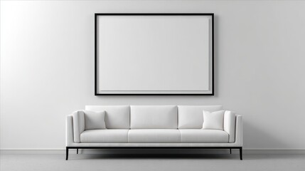 Modern living room with blank black frame above sofa
