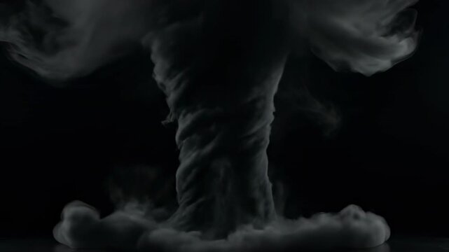Dramatic Tornado: A towering, dark tornado dominates the frame against a black backdrop, the swirling vortex conveying a sense of raw power and the unpredictable forces of nature. 