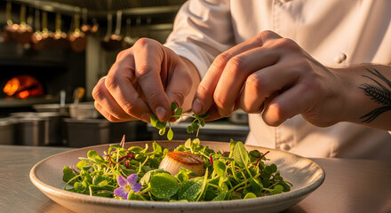 A professional chef carefully garnishing a gourmet salad with microgreens and a seared scallop in a restaurant kitchen