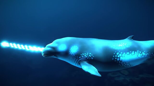 Digital dolphin with illuminated features swimming underwater