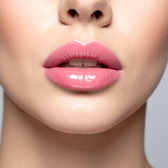Fototapeta premium Close-up of a fair-skinned person's face, emphasizing the lips. Pink lip gloss accentuates full shape against neutral backdrop