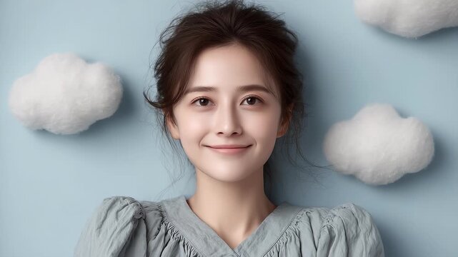 Smiling Woman in Cloud Background