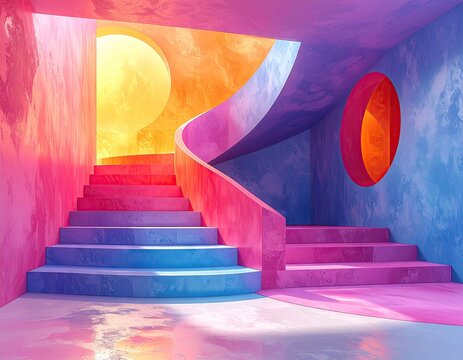 Architectural interior displays a vibrant composition of curved stairways, a round window, and a spiral staircase illuminated by warm sunlight, creating an eye-catching display with stunning color...