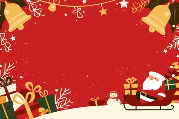 Stylish Christmas background with Santa Claus, sleigh, and gift boxes on red background with copy space, festive composition ideal for holiday greeting cards, posters, banners, and digital designs