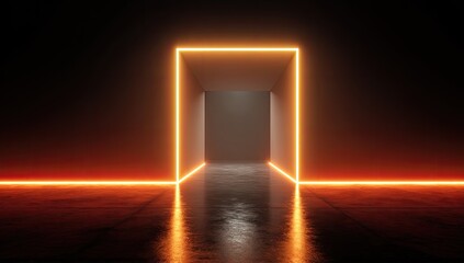 Dark room with glowing orange neon rectangular portal, abstract futuristic tunnel