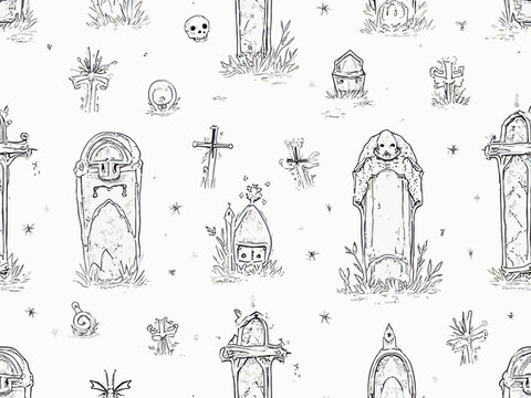 Seamless Halloween gravestones and crosses graveyard pattern in vector style