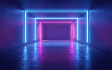 Symmetrical blue and pink neon light frames illuminate a dark, reflective corridor