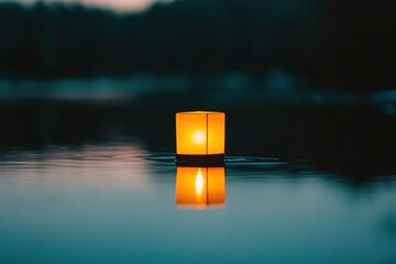 Floating Lantern on Serene Water: A single, softly glowing lantern drifts serenely on calm water, its warm light reflecting a peaceful scene, evoking a sense of tranquility and reflection.