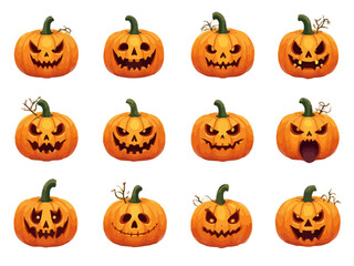 Halloween pumpkin icons with scary and funny carved faces isolated on white background
