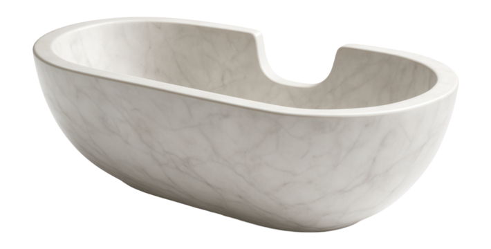 A shallow cast marble bathtub with a wide opening for easy access for seniors.