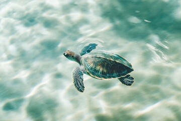 Obraz premium Sea Turtle's Gentle Glide: A lone sea turtle gracefully navigates the crystal-clear waters of the ocean, a symbol of tranquility and marine life, gliding effortlessly through its natural environment.