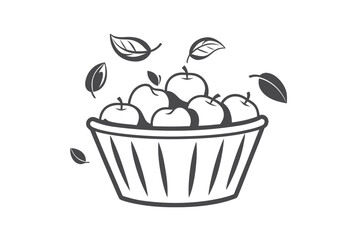 Basket is full of apples while surrounded by falling leaves in a monochrome tone
