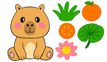 Cute hand-drawn illustration of a happy capybara with orange fruit, lotus flower, and green leaves. Colored pencil style.