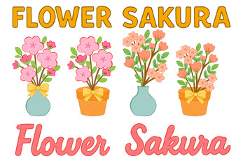 Cute sakura flower pot illustration set with soft colors and lovely text design. Perfect for spring themes, greeting cards, stickers, clipart, and decorative floral design projects