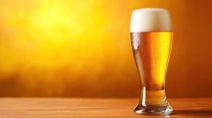 Glass of beer with foam on wooden table on orange background with copy space