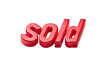 Red, glossy, 3D "SOLD" text floating against a black background, indicating completion of sale