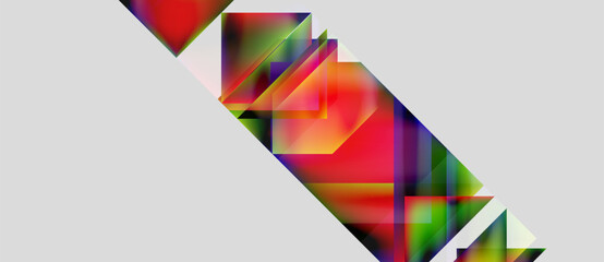Abstract geometric shapes overlap, creating vibrant color blends. Diagonal composition dominates neutral background. Modern design elements present.
