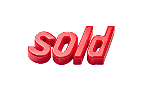 Red, glossy, 3D "SOLD" text floating against a black background, indicating completion of sale