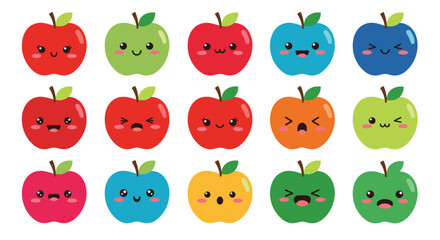 Fototapeta premium A charming collection of fifteen kawaii apples with diverse facial expressions and vibrant colors.