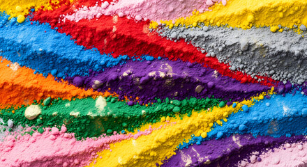 Vibrant diagonal stripes of multi-colored powders including red blue purple and yellow create a festive abstract background