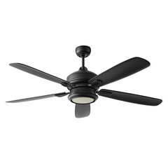 A black ceiling fan with five blades, a light, and a dark background