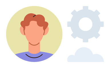 Person avatar in neutral circle accompanied by gear and cloud shapes. Ideal for themes of profile, user settings, customization, technology, cloud computing, networking, simple flat metaphor