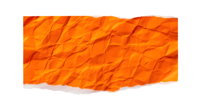 Closeup of a torn edge of crumpled orange paper, isolated on transparent background, showing texture and shadow detail