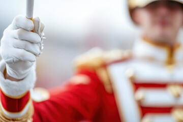 Obraz premium Precision in Uniform: A close-up shot focuses on a uniformed individual's gloved hand, holding a baton with precision.