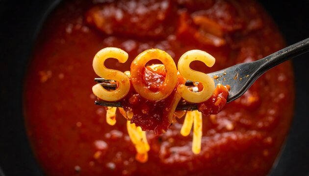 Close-up of pasta letters spelling "SOS" impaled on a fork above a bed of rich tomato sauce, suggestive of a call for help